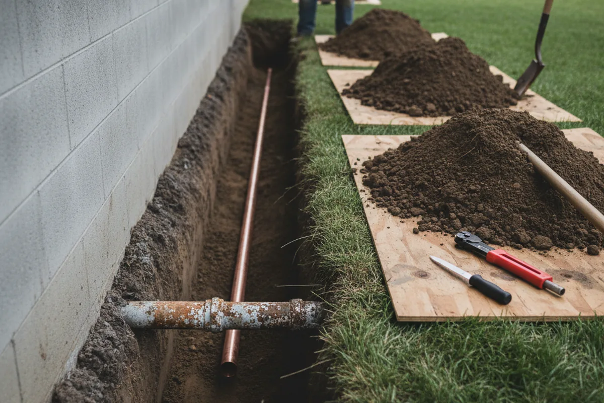 Excavated water line trench during Water Softener Installation in Center Point